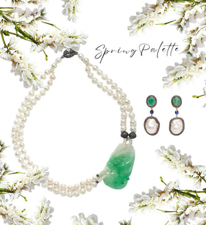 akoya necklace with carved peach blossom green jade and emerald and sapphire baroque pearl drop earrings