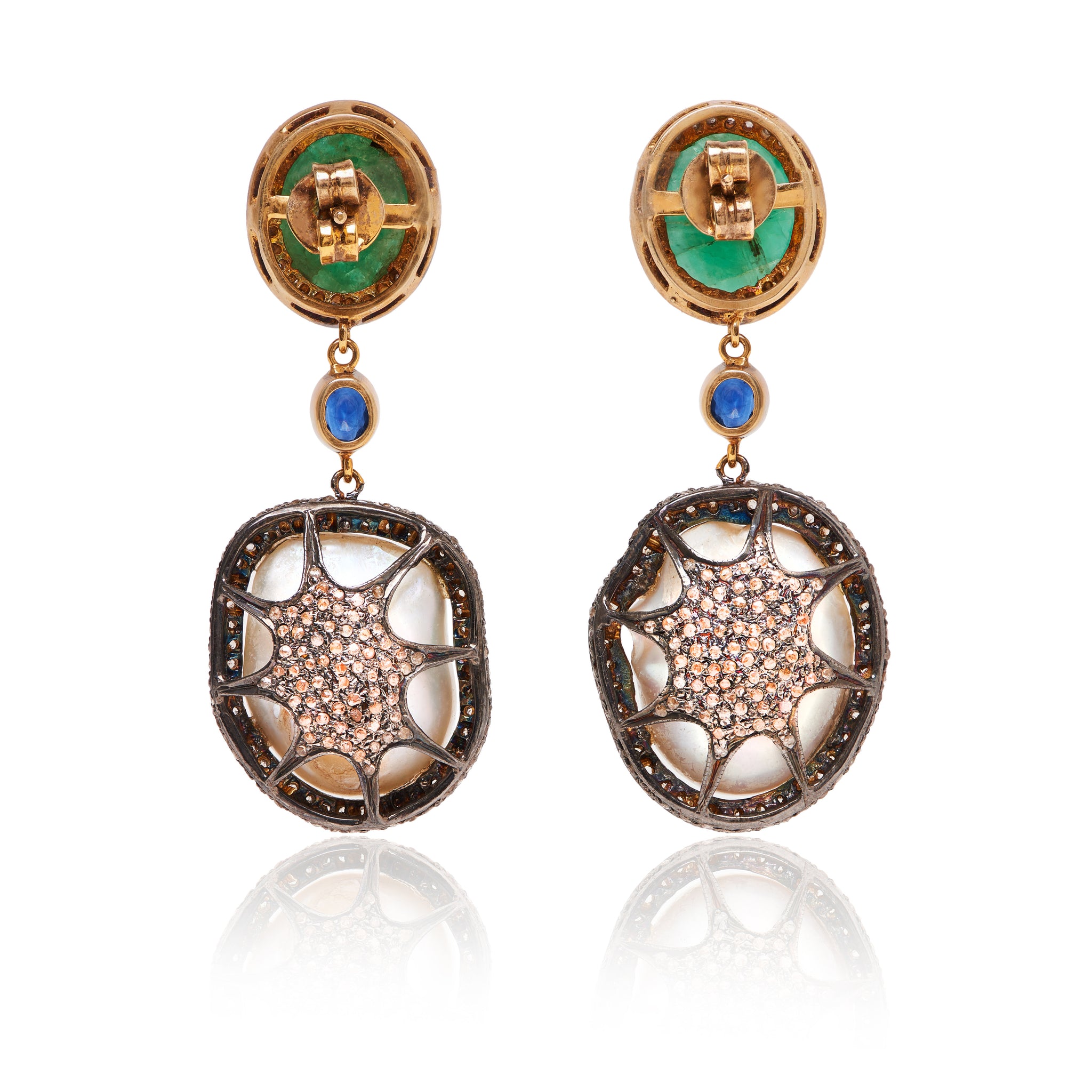 Emerald Sapphire and Baroque Pearl Triple Earring with Diamonds made in 14k yellow gold