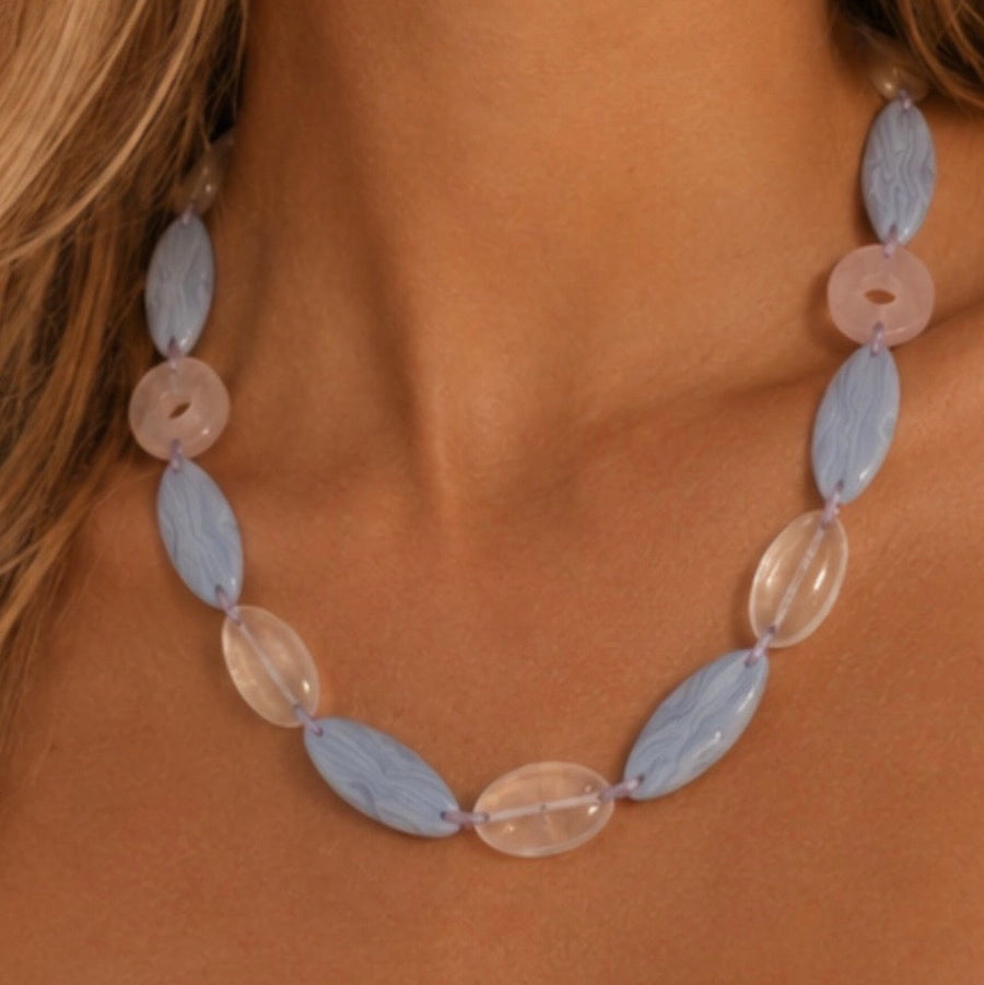 Wave Necklace with Blue Lace Agate and Rock Crystal and Rose Quartz