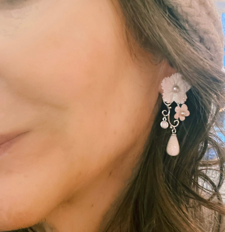 Plumeria Drop Earrings in Pink Conch