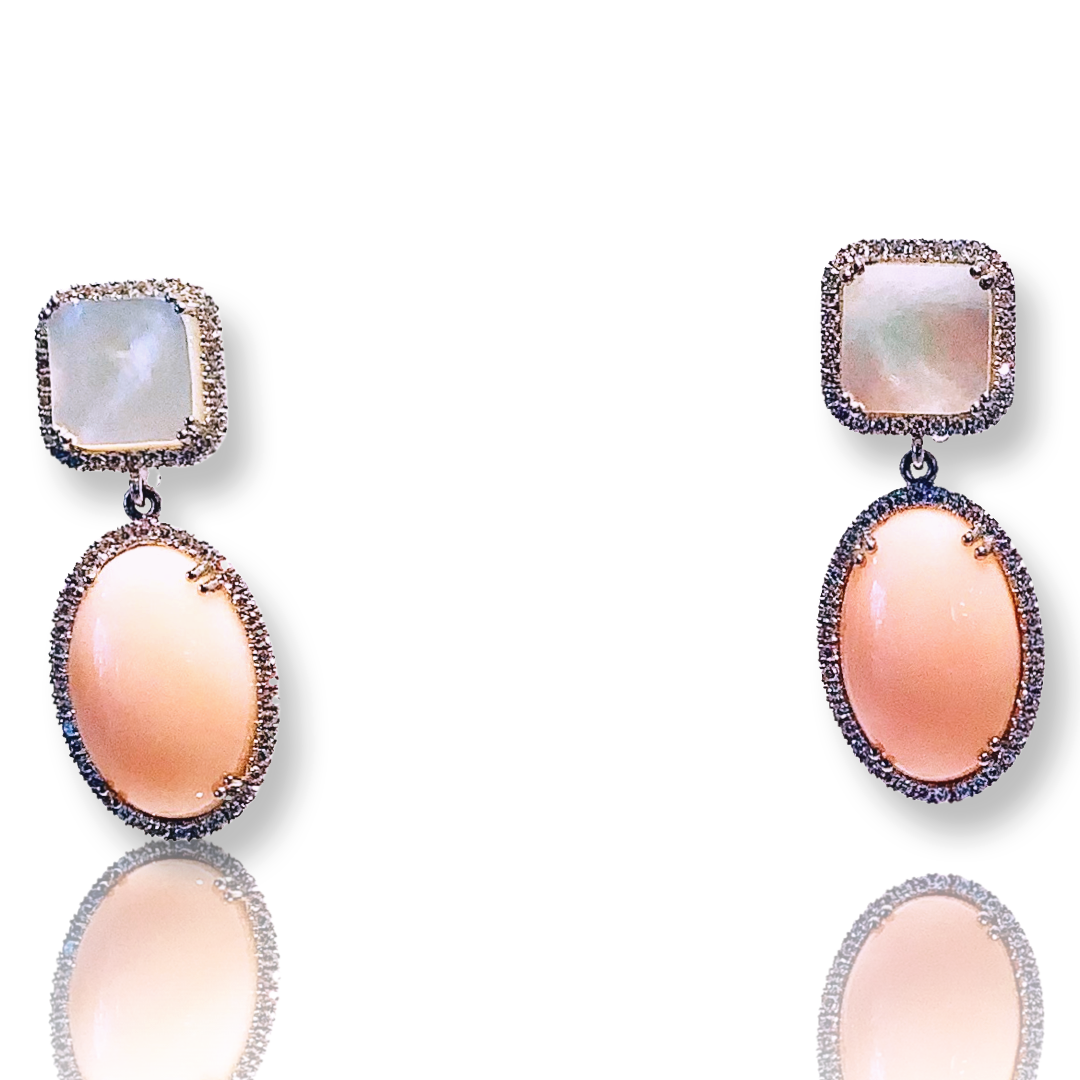 Natural Angel Skin Coral and White Tahitian Mother of Pearl Earrings