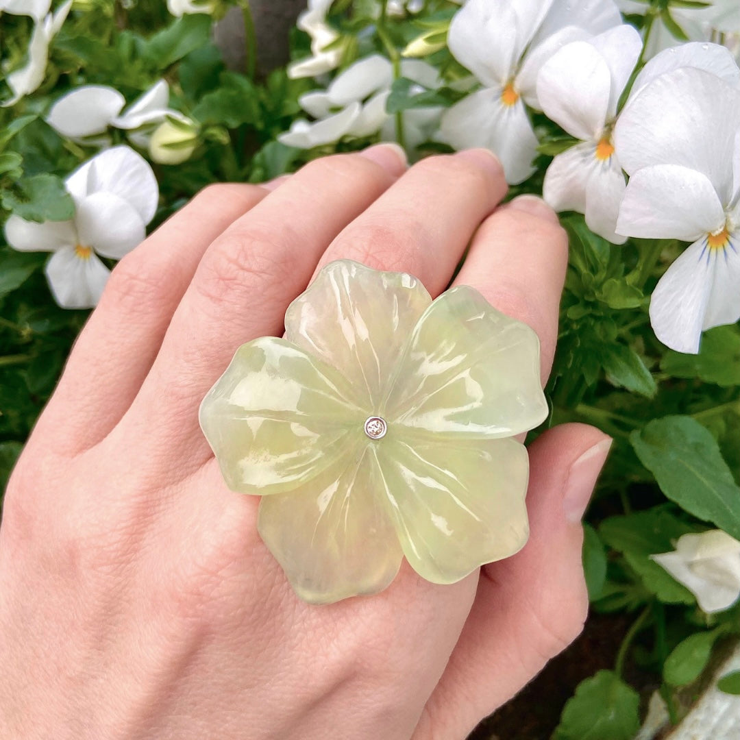 Jade Wild Flower and Diamond Double Ring