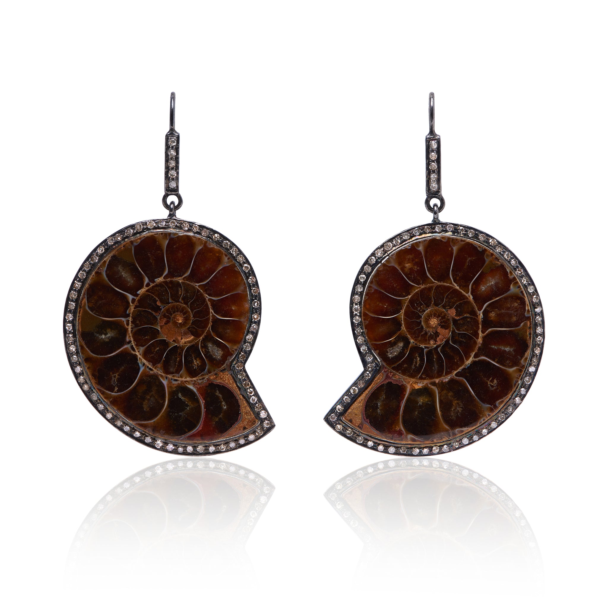 Ammonite Fossil Earrings with Diamonds made in sterling silver