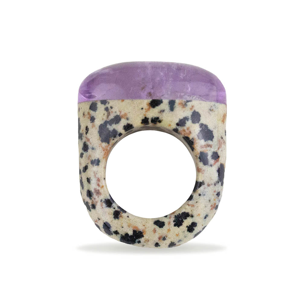Dalmatian Jasper and Amethyst Cushion Ring