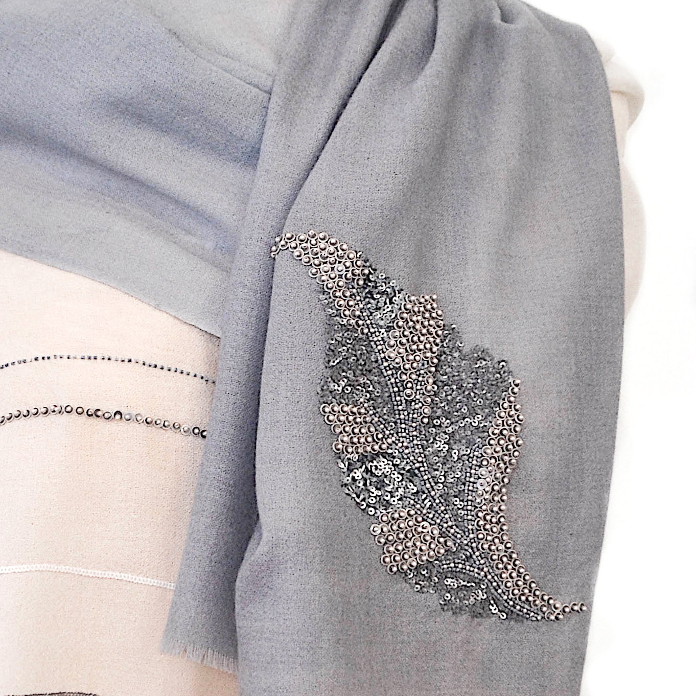 Nantucket Blue Shawl with Hand Beaded Leaf and Stripe Design