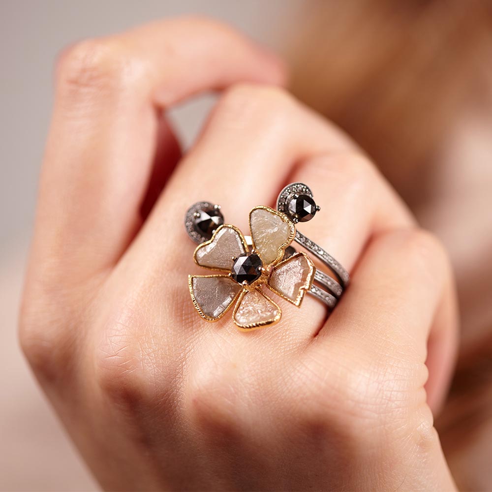 Champagne Black Diamond Petal Ring