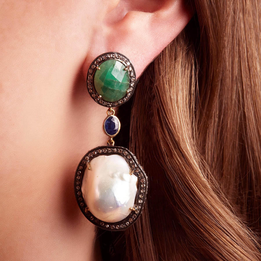 Emerald Sapphire and Baroque Pearl Triple Earring with Diamonds made in 14k yellow gold