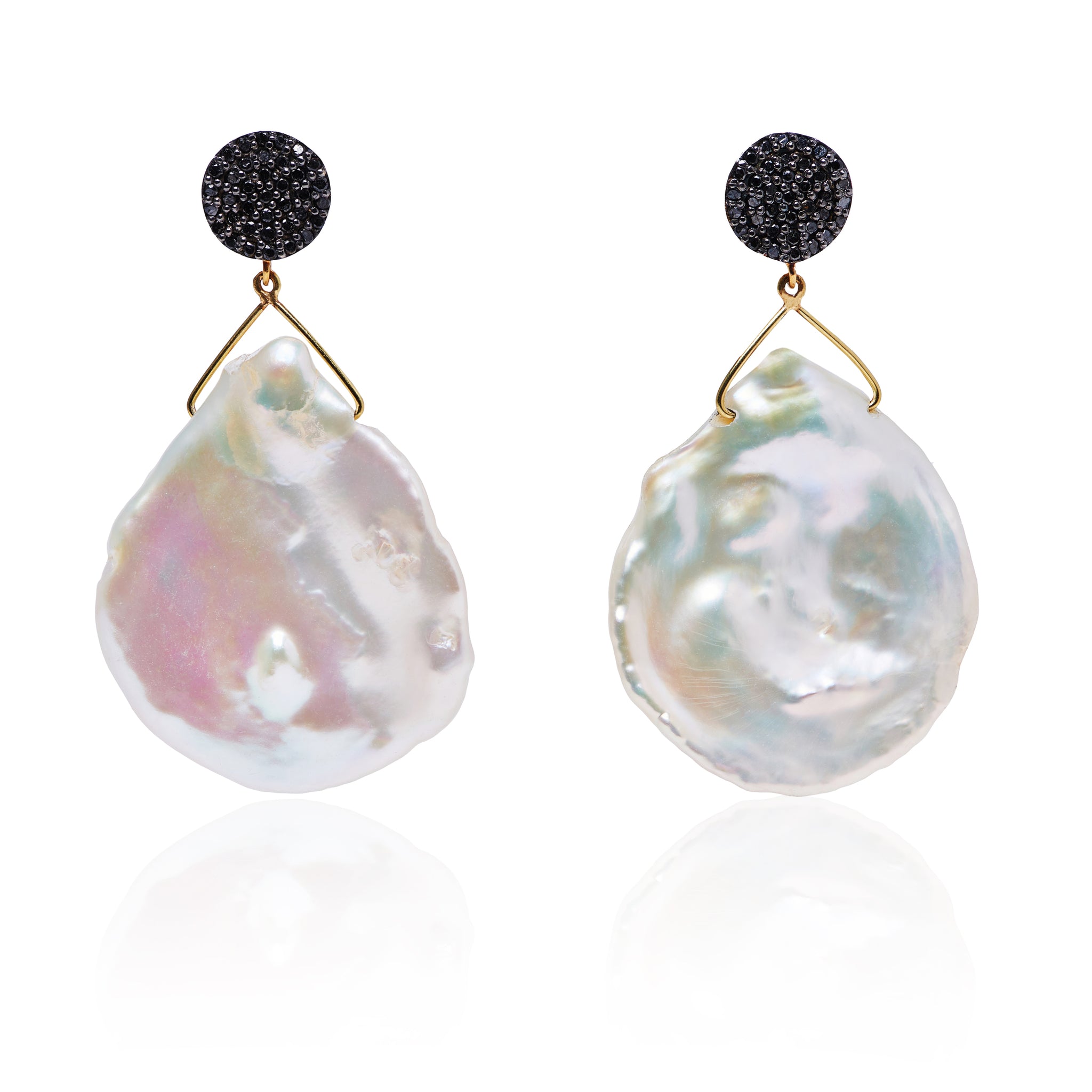 Black Diamonds and Keshi Pearl Earrings in 18K Yellow Gold