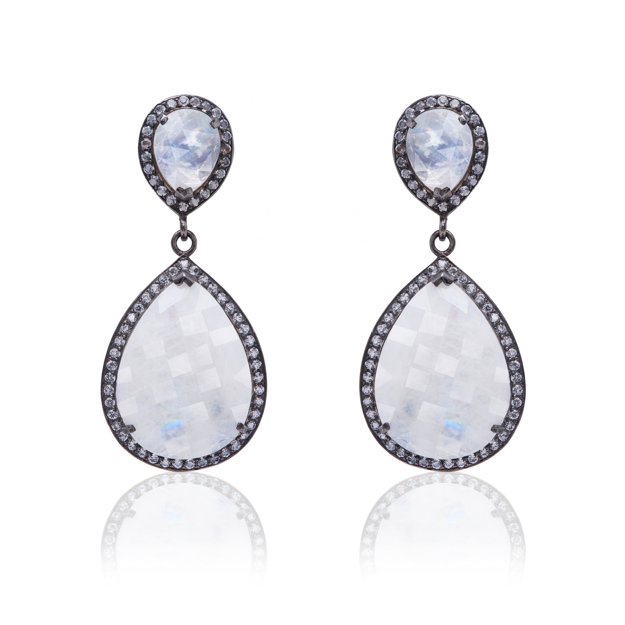 Double Faceted Moonstone earrings with white topaz made in sterling silver