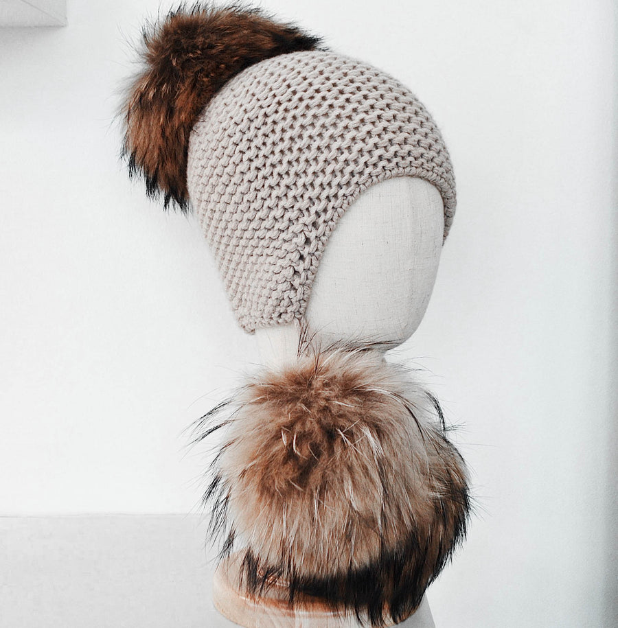 Inverni Beige Cashmere Hat with 3 Racoon Fur Pom Poms