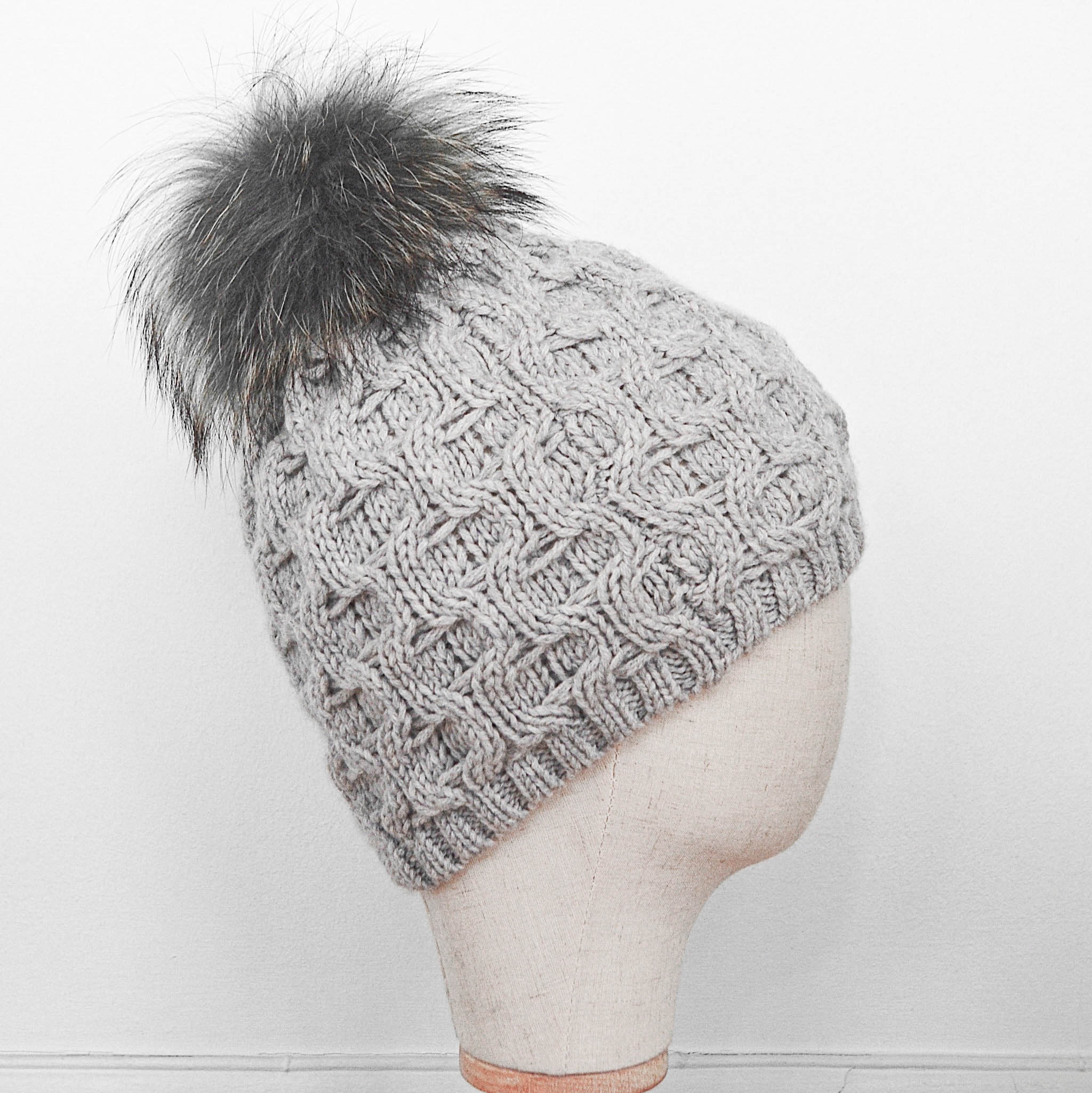 Inverni Pearl Grey Cashmere Hat with Silver Fox Fur Pom-Pom
