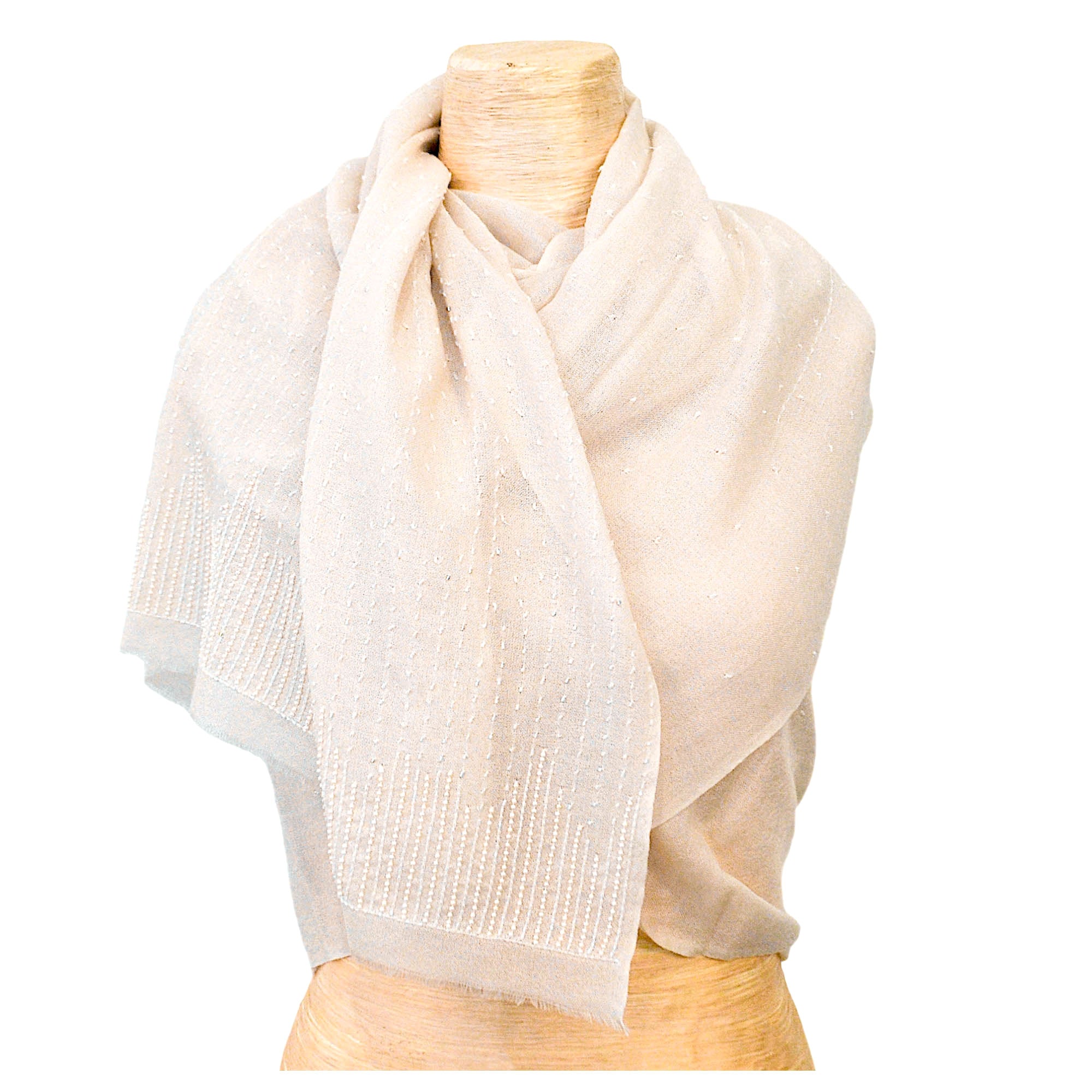 Ivory Silk & Cashmere Shawl with Tonal Beaded Embroidery