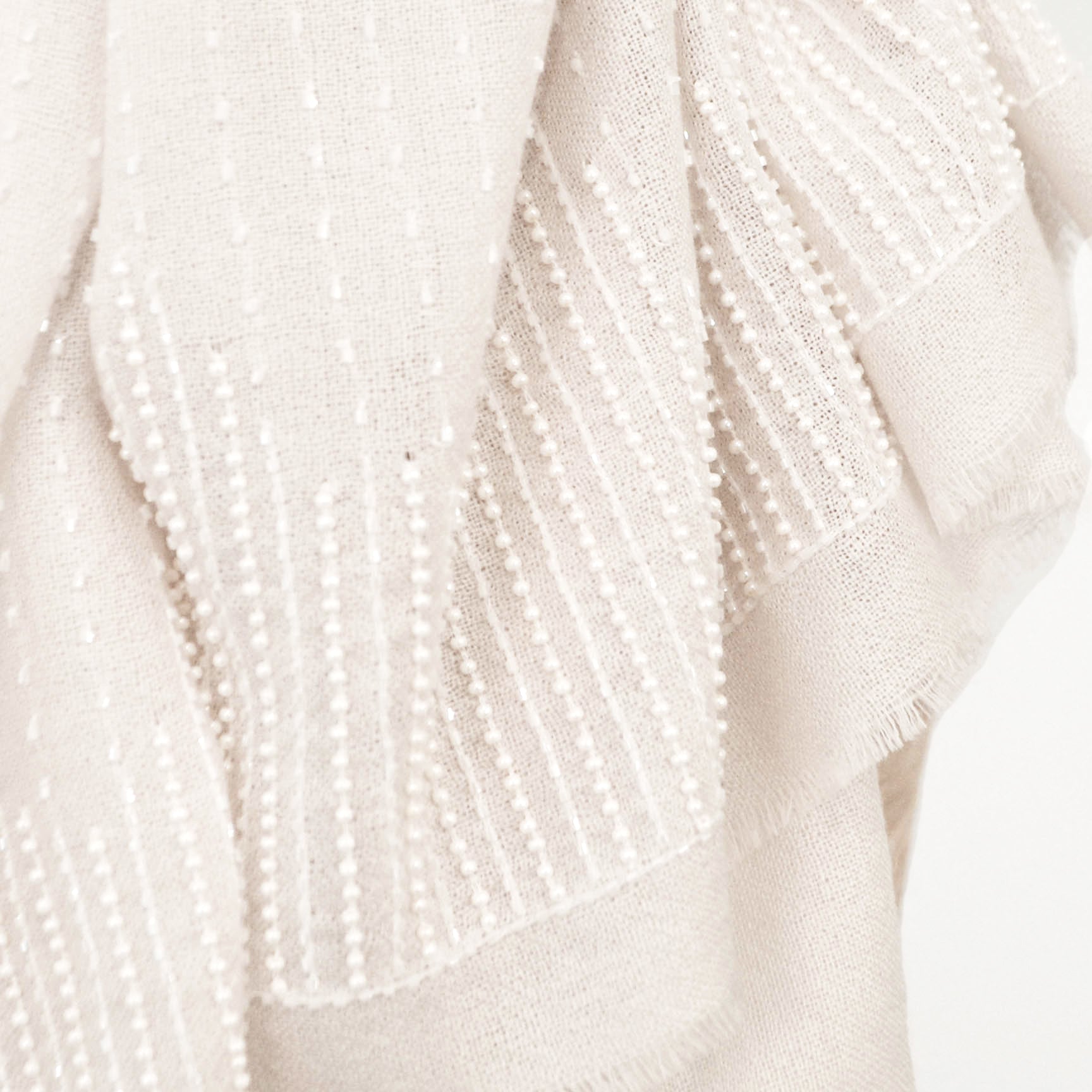 Ivory Silk & Cashmere Shawl with Tonal Beaded Embroidery