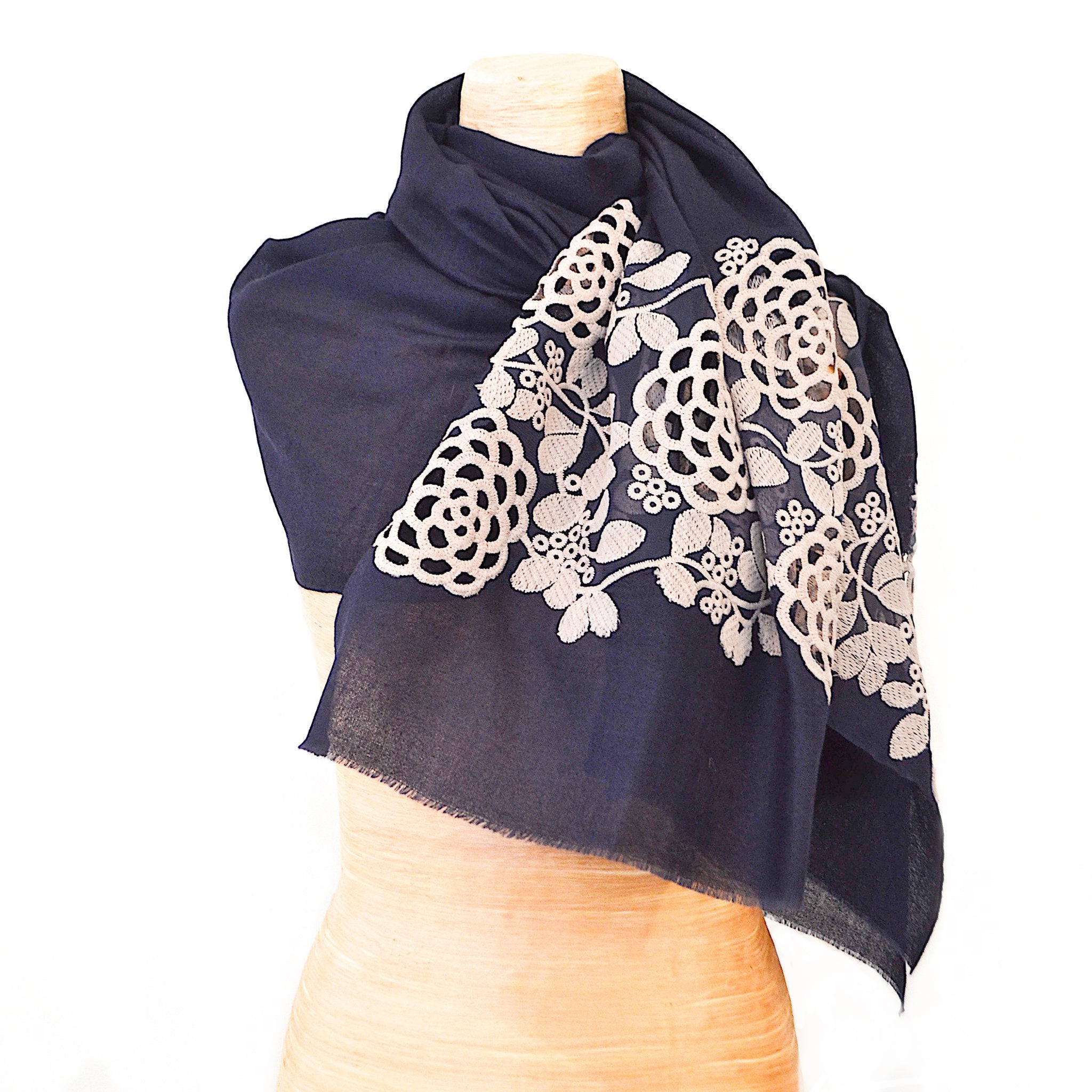 Classic Blue Silk Cashmere Shawl with Pale Grey Decoupage