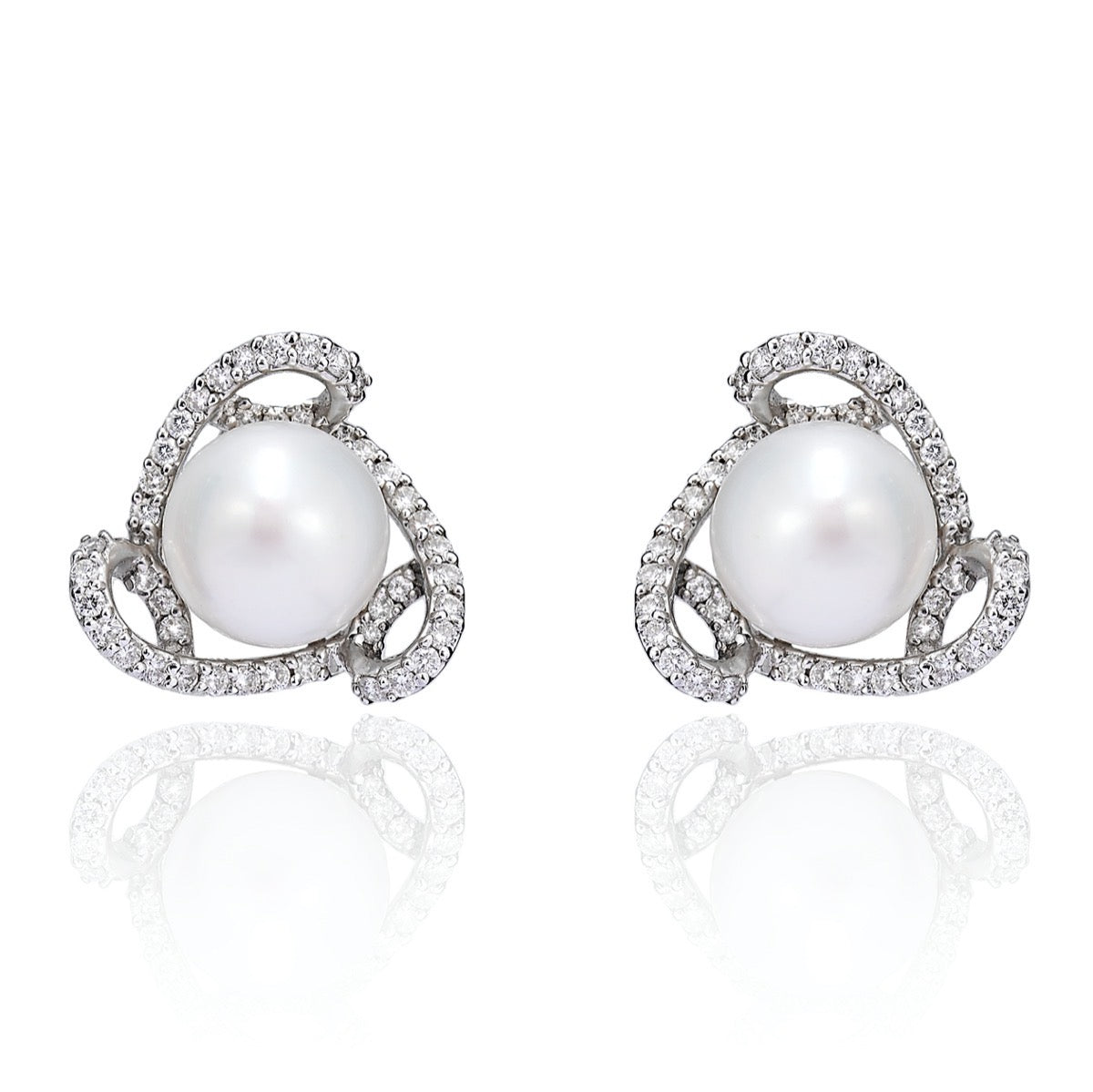 Pearl Stud Earrings with Diamond Swirl