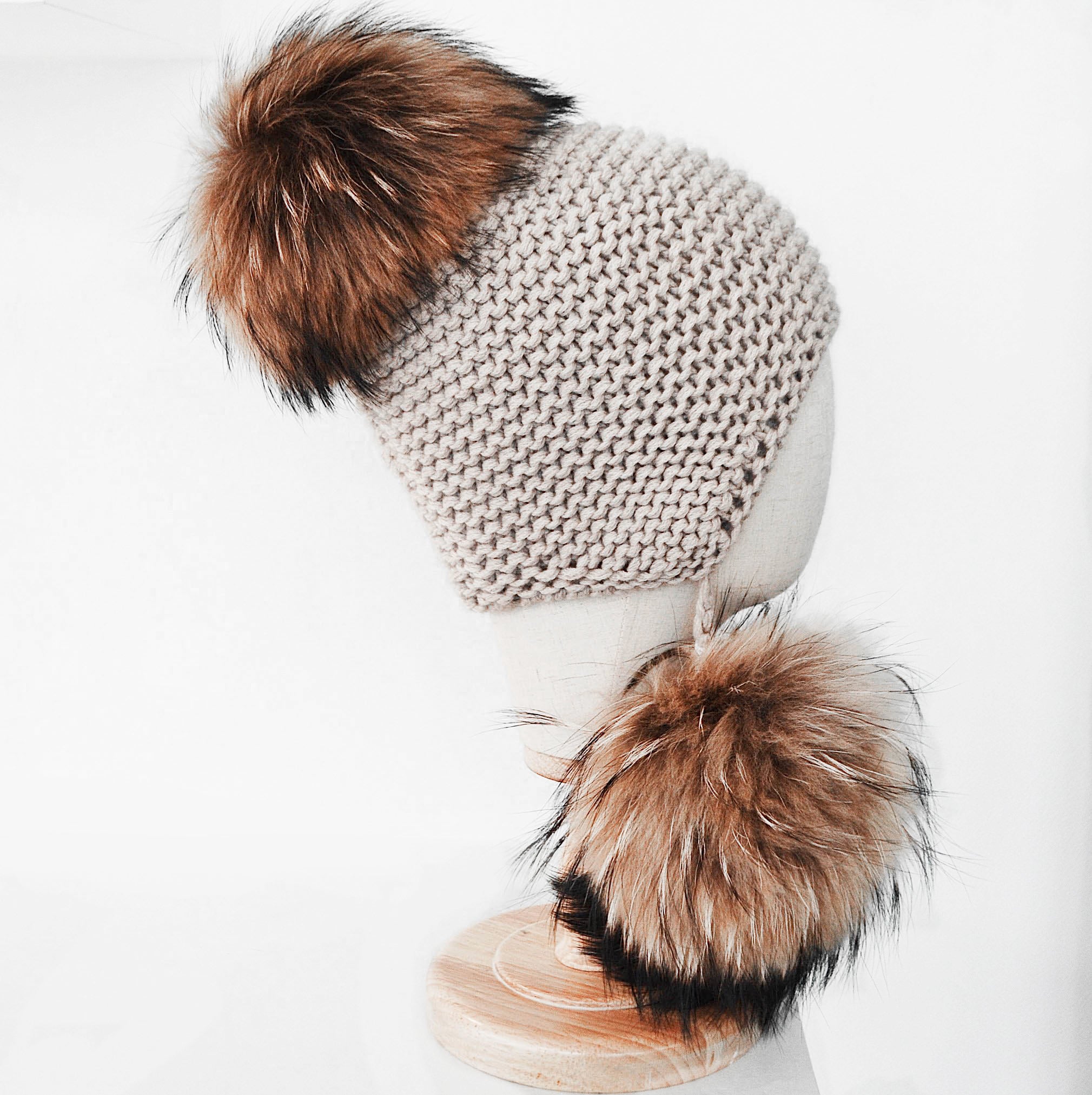 Inverni Beige Cashmere Hat with 3 Racoon Fur Pom Poms