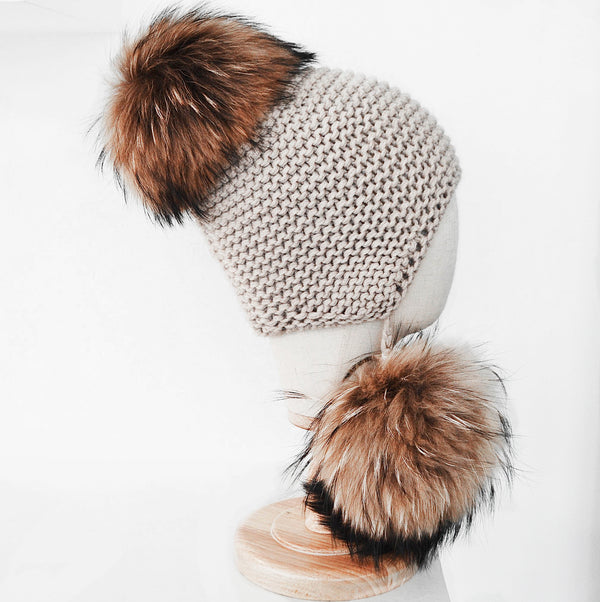 Inverni Beige Cashmere Hat with Racoon Fur Pom Poms Barbara Harris  Water Jewels