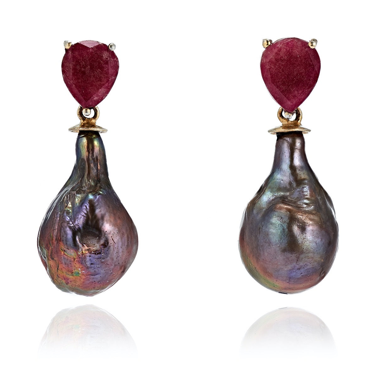 Ruby Gem-Set Peacock Pearl Drop Earrings