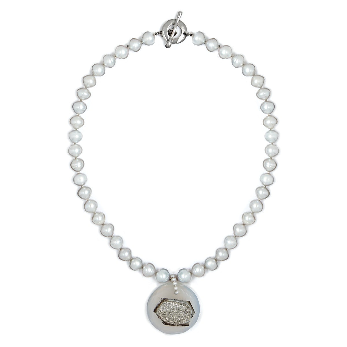 Silver Akoya Pearl Chalcedony Druzy Necklace