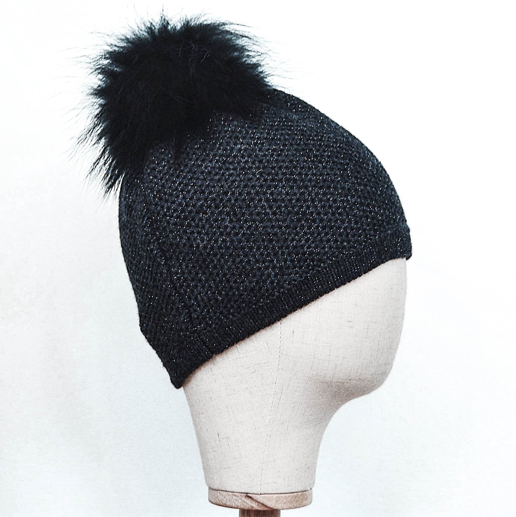 Inverni Black Cashmere Hat with Metallic Thread & Fox Fur Pom-Pom
