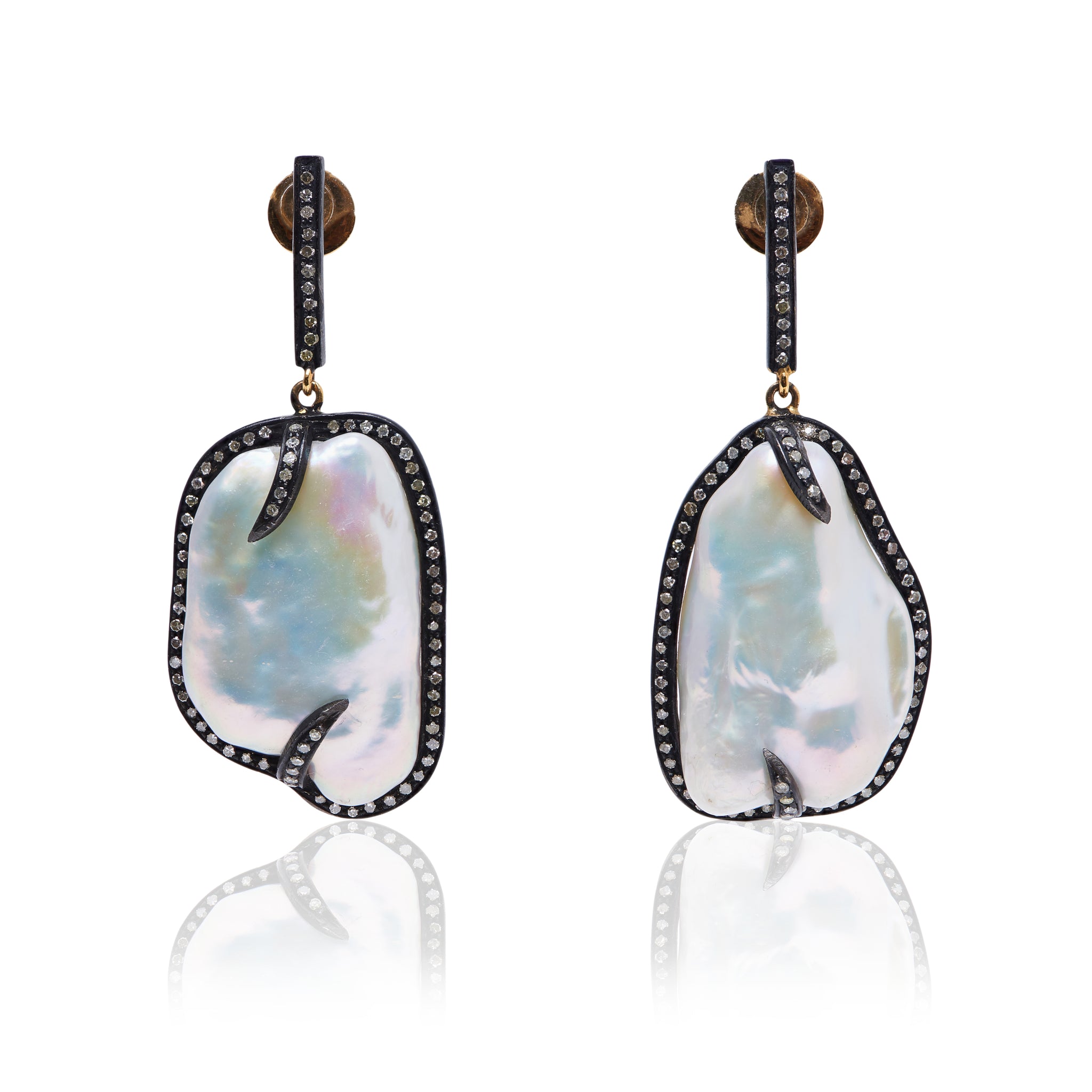 Diamond and Baroque Pearl earrings in oxidised sterling silver
