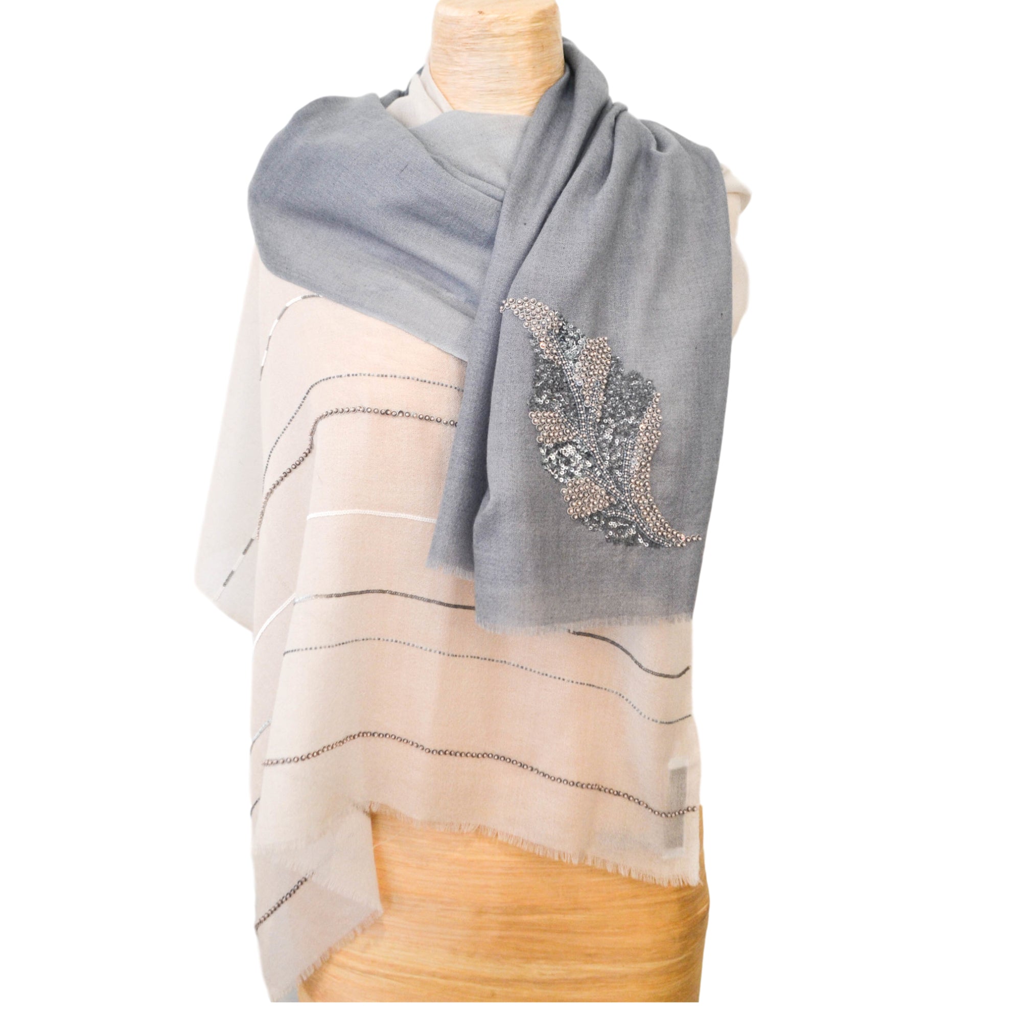 Nantucket Blue Shawl with Hand Beaded Leaf and Stripe Design