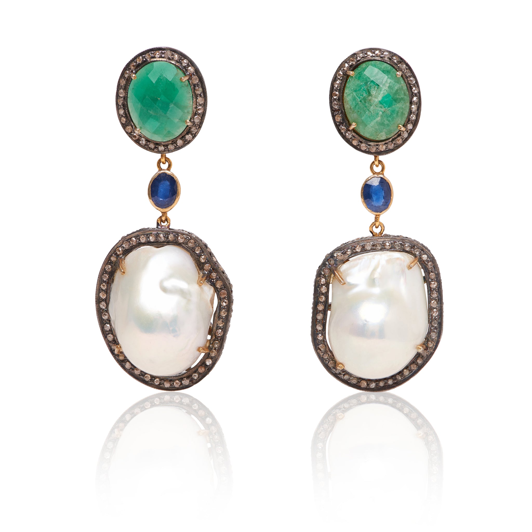 Emerald Sapphire and Baroque Pearl Triple Earring with Diamonds made in 14k yellow gold